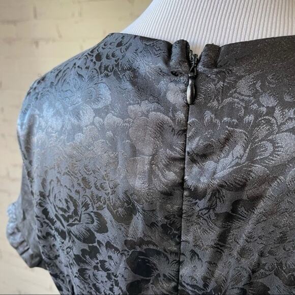 Lulus Black Short Dress Medium Pockets Ruffle Embossed Roses - Picture 10 of 12